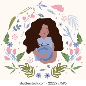Happy pregnant woman holds her belly with flowers and leaves background. Concept motherhood, health and pregnant. Flat vector illustration.