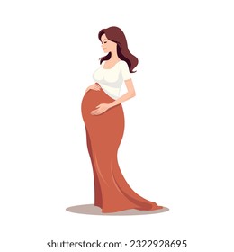 Happy pregnant woman holds her belly. Side view silhouette of a pregnant woman. Pregnancy motherhood concept. Vector stock