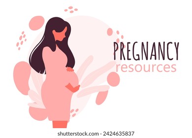 Happy pregnant woman holds her belly. Pregnancy resources type. Active well fitted pregnant female character. Happy pregnancy. Flat cartoon vector illustration