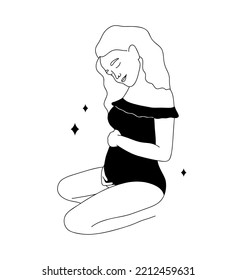 Happy pregnant woman hugging belly. One line drawing. Pregnancy and motherhood concept. Vector outline illustration in minimalistic style.