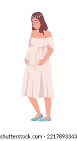 Happy pregnant woman hugging belly semi flat color vector character. Editable figure. Full body person on white. Maternity simple cartoon style illustration for web graphic design and animation