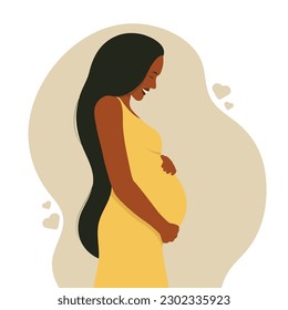 Happy pregnant woman hugging her belly. Future mom. Vector illustration in flat style. Healthcare concept.