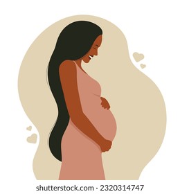 Happy pregnant woman hugging her belly. Future mom. Vector illustration in flat style. Healthcare concept.	
