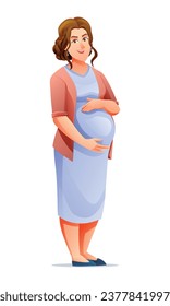 Happy pregnant woman hugging her belly. Vector cartoon illustration