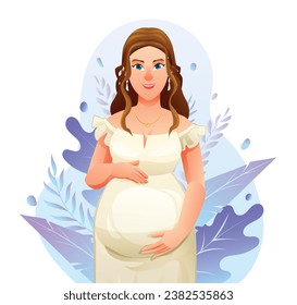 Happy pregnant woman hugging her belly with natural leaves background. Vector cartoon illustration