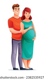 Happy pregnant woman hugging her belly with husband, expecting for baby concept. Vector cartoon illustration