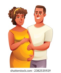 Happy pregnant woman hugging her belly with her husband, expecting for baby concept. Vector cartoon illustration