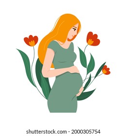 Happy pregnant woman hugs belly. Vector illustration of pregnancy concept.
