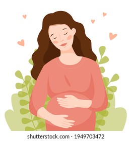 Una mujer embarazada feliz abraza su vientre. Niña con un fondo de hojas y corazones. Ilustración plana vectorial.