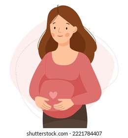 Happy pregnant woman hugs her belly. Healthy happy pregnancy.  Vector flat illustration.