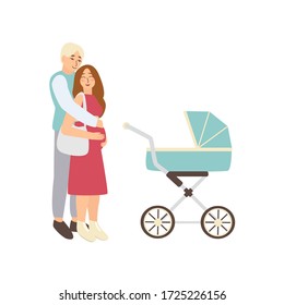 Happy Pregnant Woman With Husband Buying Baby Carriage. Stroller Vector Illustration. Couple Of Parents Shopping Pram In Kids Store. Pretty Smiling Mother