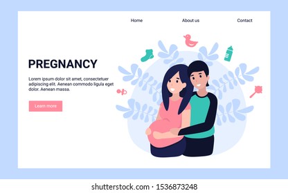 Happy pregnant woman with husband.  Flat vector cartoon characters illustration. Can use for landing page, template, web, app, poster, banner.
