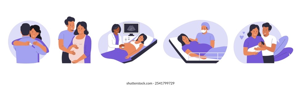 Concepto feliz de la ilustración de la mujer embarazada con su marido. Visitar al médico para una consulta, dar a luz felizmente, sostener al bebé. Ilustración para el Sitio web, página de aterrizaje, App móvil, cartel y Anuncio