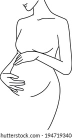 Happy pregnant woman isolated line drawing. Vector illustration. Maternity collection. Female mother silhouette. Baby shower line art. Medicine health care pregnancy.