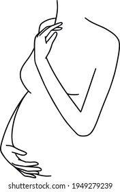 Happy pregnant woman isolated line drawing. Vector illustration. Maternity collection. Female mother silhouette. Baby shower line art. Medicine health care pregnancy.