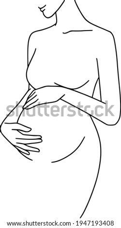 Happy pregnant woman isolated line drawing. Vector illustration. Maternity collection. Female mother silhouette. Baby shower line art. Medicine health care pregnancy.