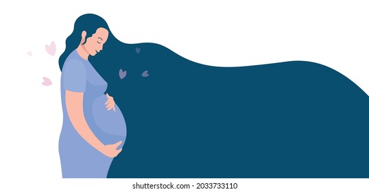 Happy pregnant woman with long hair is standing and hugging her belly. Vector cartoon illustration.