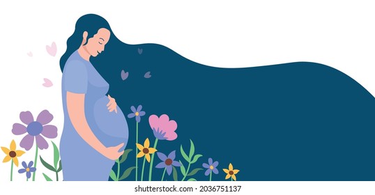 Happy pregnant woman with long hair is standing and hugging her belly. Vector cartoon illustration.