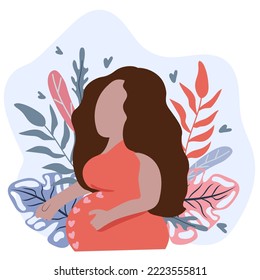 Happy pregnant Woman with long hair holds her belly with nature background. Concept motherhood, health and pregnant. Flat vector illustration on pastel colors.
