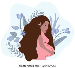 Happy pregnant Woman with long hair holds her belly with nature background. Concept motherhood, health and pregnant. Flat vector illustration on pastel colors.