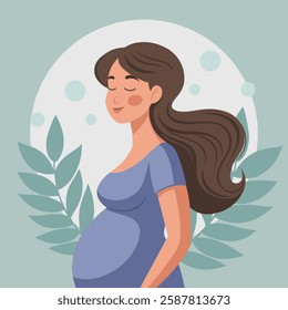 Happy pregnant woman with long hair, future mom. Illustration in flat style