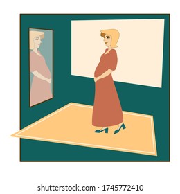 Happy pregnant woman is looking in the mirror. Vector illustration pregnant woman is looking in the mirror. Vector illustration
