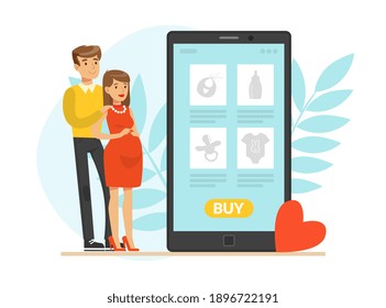 Happy Pregnant Woman and Man Expecting Baby Standing Together Vector Illustration
