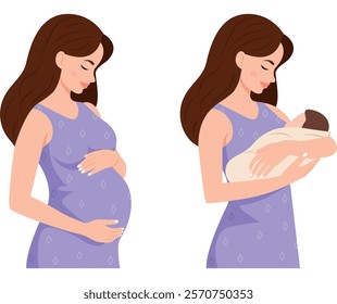 Happy pregnant woman and a mother with a baby in her arms. Healthy happy pregnancy and motherhood. Vector illustration.