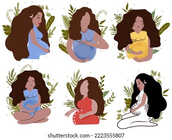 Happy pregnant woman on the background of flowers and leaves. Collection of pregnant woman. Female character in flat style. Concept motherhood, health and pregnant. Vector illustration