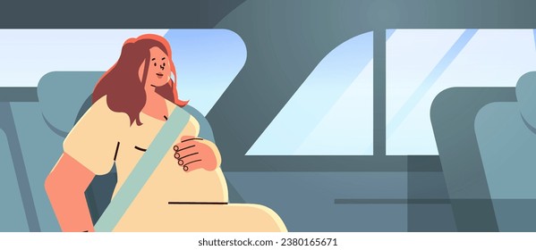 happy pregnant woman passenger future mom wear safety seat belt in car pregnancy motherhood expectation concept