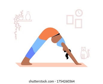 Happy pregnant woman performs yoga exercise at home. Adult female cartoon character. Flat colorful vector illustration. Healthy lifestyle and pregnancy concept for poster and banner.