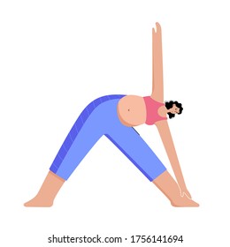 Happy pregnant woman performs yoga exercise at home. Adult female cartoon character. Flat colorful vector illustration. Healthy lifestyle and pregnancy concept for poster and banner.