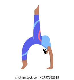 Happy pregnant woman performs yoga exercise at home. Adult female cartoon character. Flat colorful vector illustration. Healthy lifestyle and pregnancy concept for poster and banner.