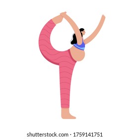 Happy pregnant woman performs yoga exercise at home. Adult female cartoon character. Flat colorful vector illustration. Healthy lifestyle and pregnancy concept for poster and banner.