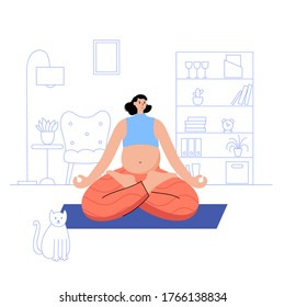 Happy pregnant woman performs yoga exercise at home. Adult female cartoon character. Flat colorful vector illustration. Healthy lifestyle and pregnancy concept for poster and banner.