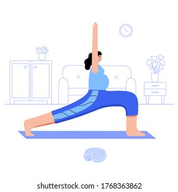 Happy pregnant woman performs yoga exercise at home. Adult female cartoon character. Flat colorful vector illustration. Healthy lifestyle and pregnancy concept for poster and banner.