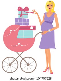 Happy pregnant woman with pink trolley