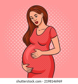 happy pregnant woman pinup pop art retro vector illustration. Comic book style imitation.