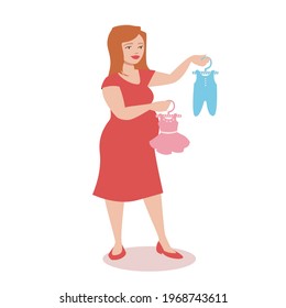 Happy pregnant woman. Pretty future mother is curious if it is a girl or a baby. There could be twins. Vector illustration isolated on white background.