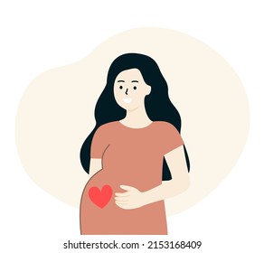 Happy pregnant Woman with red heart shaped on belly. Smiling mother expecting for childbirth. Health, Pregnancy, motherhood, maternity concept. Flat vector isolated illustration.