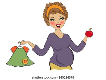 happy pregnant woman at shopping, isolated on white background, vector illustration