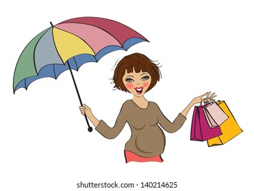 happy pregnant woman at shopping, isolated on white background, vector illustration