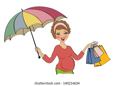 happy pregnant woman at shopping, isolated on white background, vector illustration