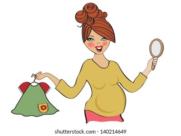 happy pregnant woman at shopping, isolated on white background, vector illustration