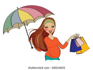 happy pregnant woman at shopping, isolated on white background, vector illustration