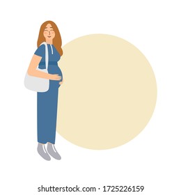 Happy pregnant woman shopping vector illustration with place for text. Pretty smiling mother with shopper bag buying baby stuff in kids store. Hand drawn art in cartoon style