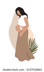 Happy pregnant woman side view, vector illustration in boho design. Modern pregnancy. Card for fashion, female doctor. The concept of motherhood and family.