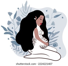 Happy pregnant woman sits and holds her belly with nature background. Concept motherhood, health and pregnant. Flat vector illustration.