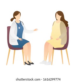 happy pregnant woman sitting and consultation with a doctor doing. visiting physician. childbirth anticipation, reproductive health, happy and healthy pregnancy. flat vector illustration