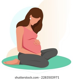 Happy pregnant woman sitting and holding hands on her stomach. Vector colourful illustration isolated on white background.